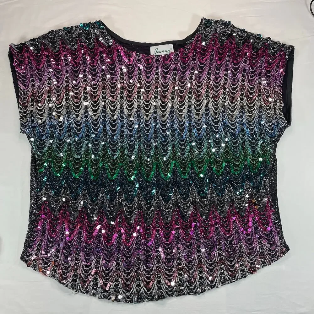 Joanna Vtg Women's Sequin Wave Cap Sleeve Top Black Multi Color M Disco Glam - Picture 1 of 5